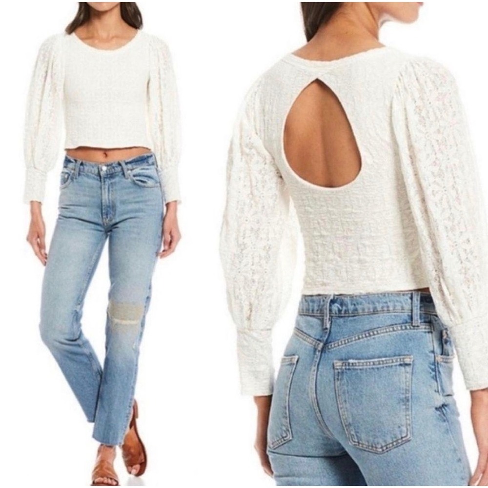 Free People Lace Crop Top Women XL Ivory Excellent Open Back Balloon Sleeve
